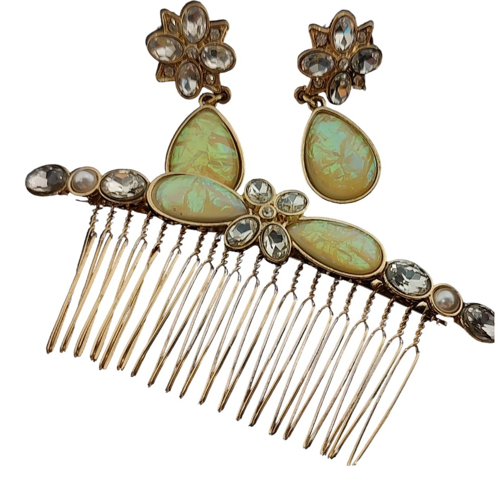 Avon Hair Comb‎ Matching Earrings Faux Opal Rhinestone Set 2014 Granny Core